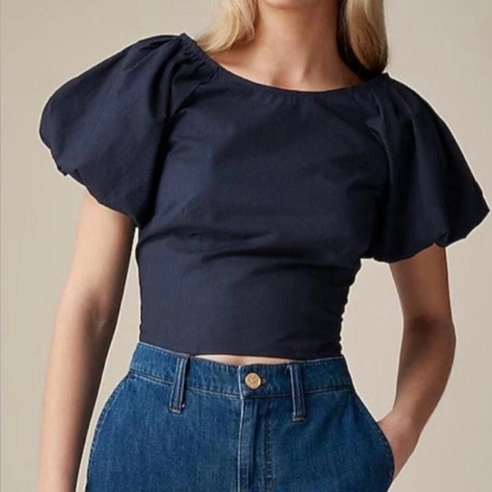 J Crew Fitted Puff Sleeve Cotton Poplin Top Short Sleeve Women's 22 Navy Blue